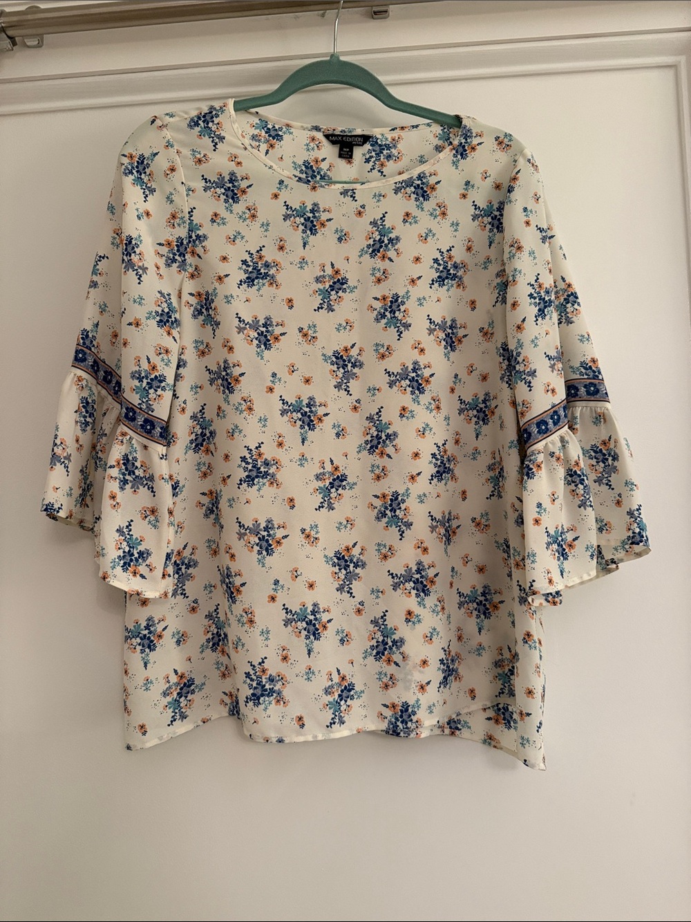 Max Studio White Floral Bell-Sleeve Top